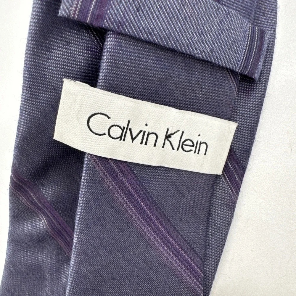 Calvin‎ Klein Tie Purple & Grey Striped Slim NeckTie Silk Blend 58